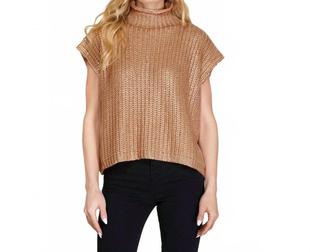 NEW SHE + SKY metallic foil short sleeve sweater top in gold